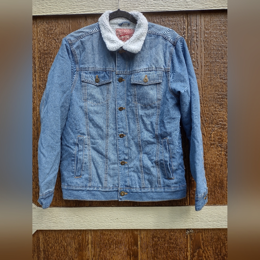 Brooklyn Cloth Denim Trucker Jean Jacket Blue Sherpa Lined Collar Winter Mens M